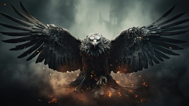  a large black bird with wings spread out in front of a dark sky with a castle in the back ground and a lot of smoke and flames in the foreground.  generative ai