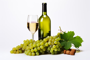 Isolated image of a bottle of wine, grapevine and glass with grapes on a white background