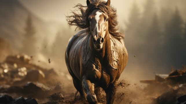  a horse running through a dirt field with trees in the background on a foggy, overcast, and overcast day with no one horse in the foreground.  generative ai