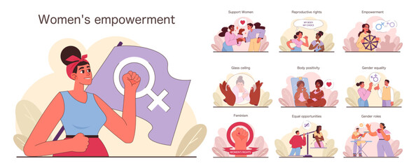 A confident woman showcases various scenes of empowerment, from gender equality to body positivity. Feminist symbols. Supportive narratives. Reproductive rights. Flat vector illustration.