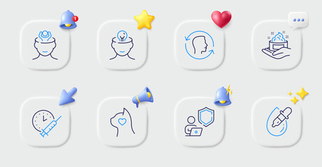 Eye drops, Skin care and Pets care line icons. Buttons with 3d bell, chat speech, cursor. Pack of Mental health, Vaccination schedule, Face id icon. Shield, Stress pictogram. Vector