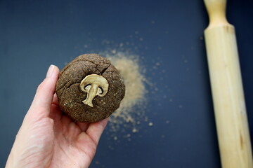 Mushroom dough in a woman's hand on a gray background. Dough with added mushroom powder.