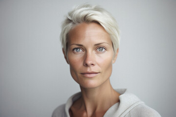 Portrait of a beautiful young woman with curly blonde hair indoors.