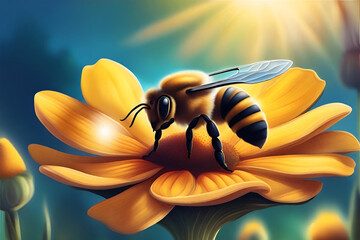 Bee on a flower in the morning sun. 3d illustration. Generative AI