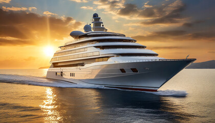 luxury super yacht cruiser at sunset - obrazy, fototapety, plakaty