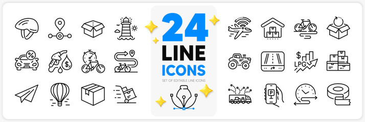 Icons set of Storage, Airplane wifi and Parcel line icons pack for app with Truck delivery, Air balloon, Delivery cart thin outline icon. Bike, Lighthouse, Wholesale goods pictogram. Vector