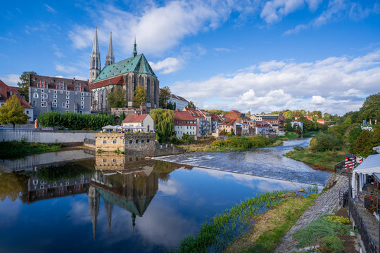Lusatian Neisse River between Zgorzetec City of Poland and Gorlitz City of Germany
