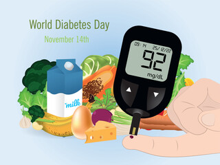 World Diabetes Day.14 deNoviembre.
Glucometer surrounded by healthy food.healthy eating concept to control diabetes .