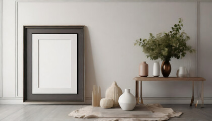 Fototapeta na wymiar blank picture frame mockup on white wall generative ai