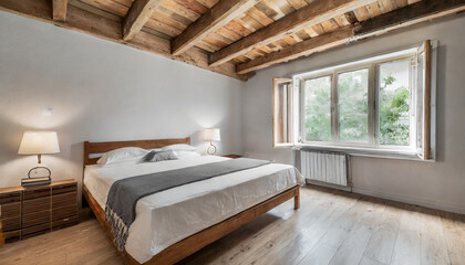 open plan empty master bedroom with parquet floors wooden beams and air conditioning in rustic style - obrazy, fototapety, plakaty