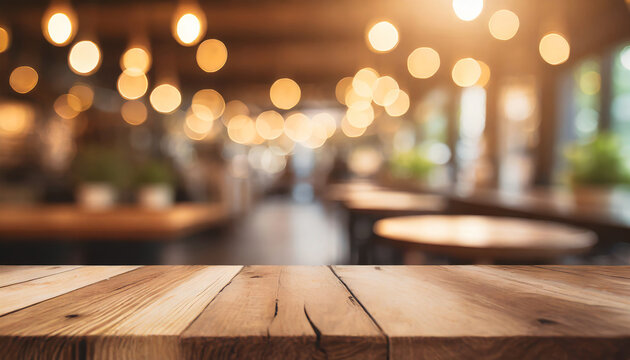 empty wooden table in cozy pub bar vibes vintage counter in soft bokeh cafe ambiance abstract tabletop with bokeh lights