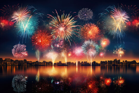 Night of celebration with beautiful colorful fireworks, night sky of festivals time, Happy new year with vivid firework exploding background, abstract anniversary with pyrotechnics scene.