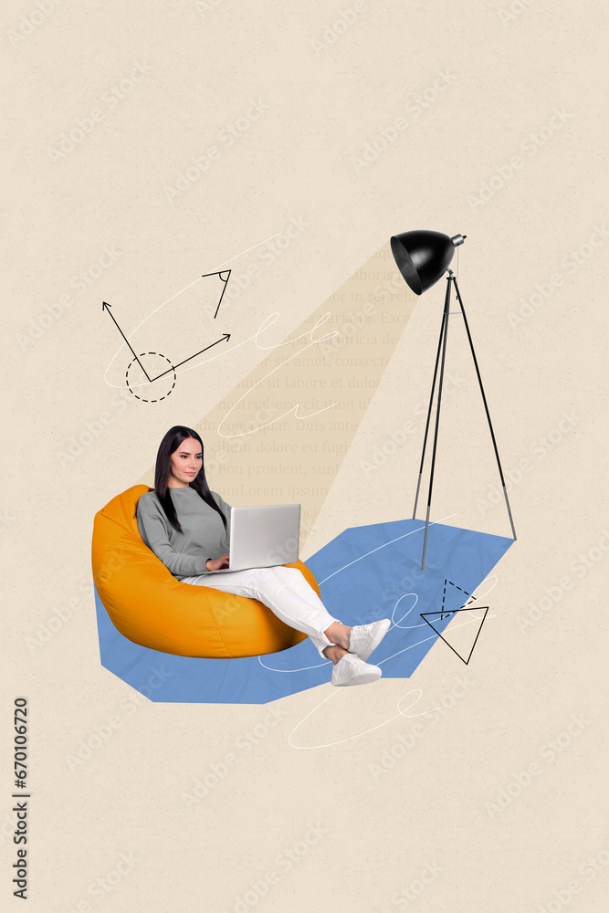 Poster collage image of beautiful charming girl sitting soft bag writing sms message modern netbook isolate