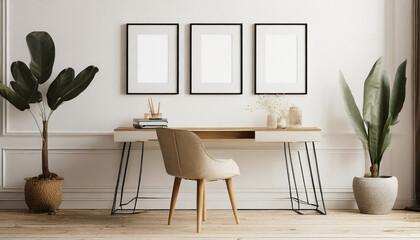 blank 3 frame picture mockup on a white wall in a contemporary boho inspired elegant office - obrazy, fototapety, plakaty