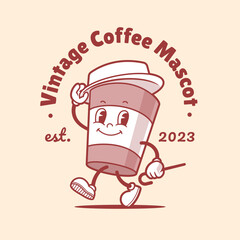 Charming coffee mascot in retro cartoon style, exuding warmth and nostalgia, perfect for a cozy cafe or coffee brand.Vector illustration