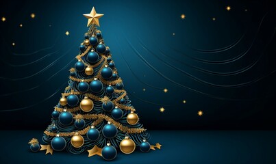 A festive blue Christmas tree adorned with beautiful gold ornaments and a shining star on top