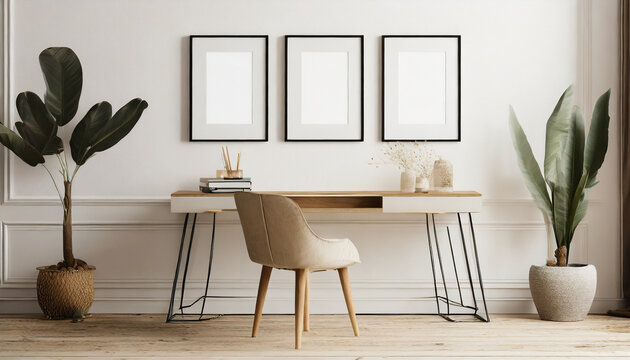 Blank 3 Frame Picture Mockup On A White Wall In A Contemporary Boho Inspired Elegant Office