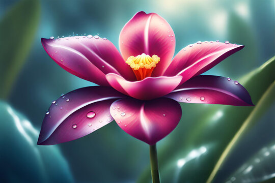 Illustration of pink flower with water drops on the petals. Generative AI