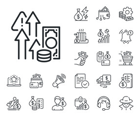 Currency rate increase sign. Cash money, loan and mortgage outline icons. Inflation line icon. Rise in price symbol. Inflation line sign. Credit card, crypto wallet icon. Inflation, job salary. Vector