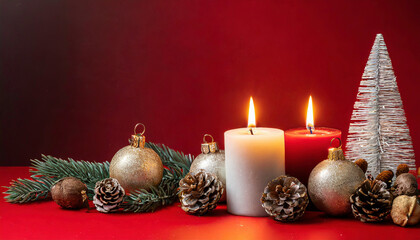 Fototapeta na wymiar Burning candle with christmas decoration and red background