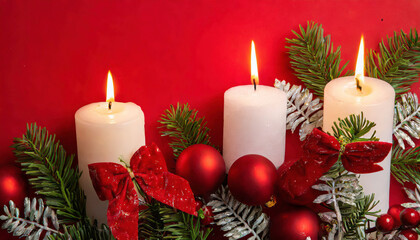 Fototapeta na wymiar Burning candle with christmas decoration and red background