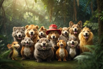 group of happy animals cartoon in the jungle 