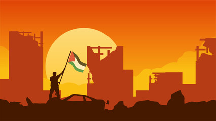 Naklejka premium Palestinian Israeli conflict vector illustration. Silhouette of man holding Palestine flag in destroyed city. Landscape illustration of war for social issues, news, invasion and terrorism