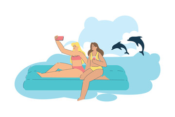 Vacation with Woman Character Floating on Inflatable Raft Enjoying Seaside Rest Vector Illustration