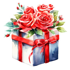 Gift box with red rose flowers and leaves with bow Watercolor Clipart isolated on Transparent Background