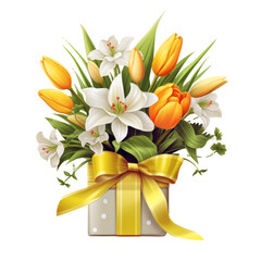 Gift box with yellow flowers and leaves with bow Watercolor Clipart isolated on Transparent Background