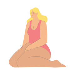 Vacation with Blond Woman Character in Swimsuit Sitting Enjoying Seaside Rest Vector Illustration