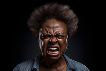 Obraz premium Angry senior African American woman yelling, head and shoulders portrait on black background. Neural network generated image. Not based on any actual person or scene.