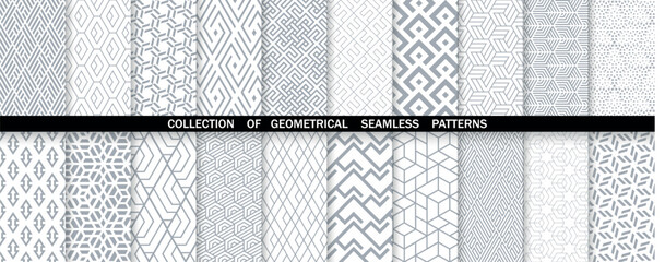 Geometric set of seamless gray and white patterns. Simple vector graphics.