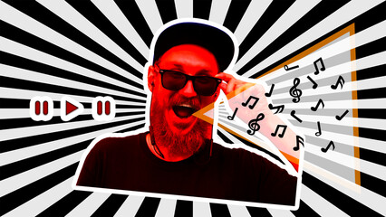 Bearded man headphones social media ad creative digital art collage red sunburst background. Listen to music play sound app song playlist podcast Modern funky trendy graphic Online streaming platform.