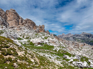 scenic view of rocky panorama in Dolomites in summer