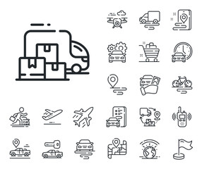 Home moving sign. Plane, supply chain and place location outline icons. Delivery truck line icon. Things transportation symbol. Delivery truck line sign. Taxi transport, rent a bike icon. Vector
