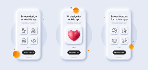 Loyalty star, Loyalty tags and Engineering team line icons pack. 3d phone mockups with heart. Glass smartphone screen. Cloud upload, Rise price, Fire energy web icon. Online shopping pictogram. Vector