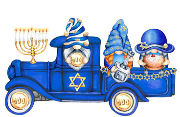 Hanukkah Truck. Hanukkah Gnome. Watercolor Gnome	