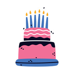 Sweet Birthday Cake with Cream and Burning Candle on Top Vector Illustration