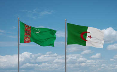 Turkmenistan and Algeria national flags, country relationship concept