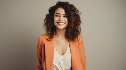 Naklejka premium Portrait of a beautiful young woman with curly hair wearing glasses.