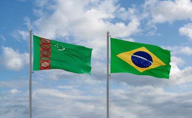 Turkmenistan and Brazil flags, country relationship concept