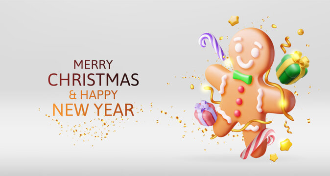 3D Holiday Gingerbread Man Cookie and Confetti. Render Cookie in Shape of Man with Colored Icing. Happy New Year Decoration. Merry Christmas Holiday. New Year Xmas Celebration. Vector illustration