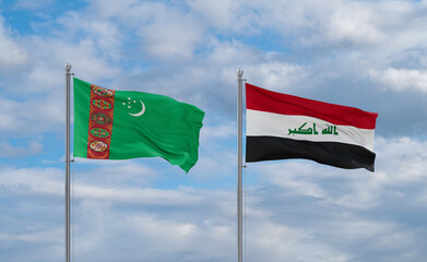 Iraq and Turkmenistan flags, country relationship concept