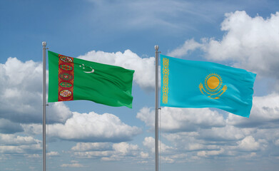 Kazakhstan and Turkmenistan flags, country relationship concept