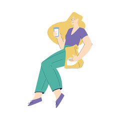 Woman Character with Glass and Fast Food Package Enjoying Cold Refreshing Drink Vector Illustration