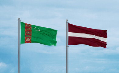 Latvia and Turkmenistan flags, country relationship concept