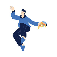 Man Character Holding Pizza Slice Eat Fast Food Vector Illustration