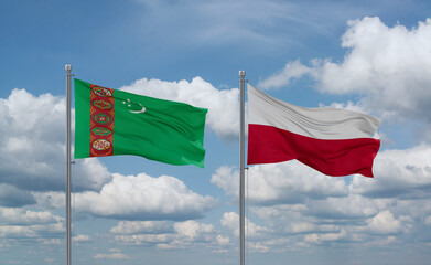 Poland and Turkmenistan flags, country relationship concept