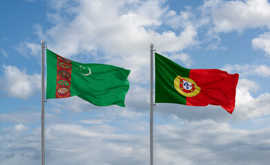 Portugal and Turkmenistan flags, country relationship concept